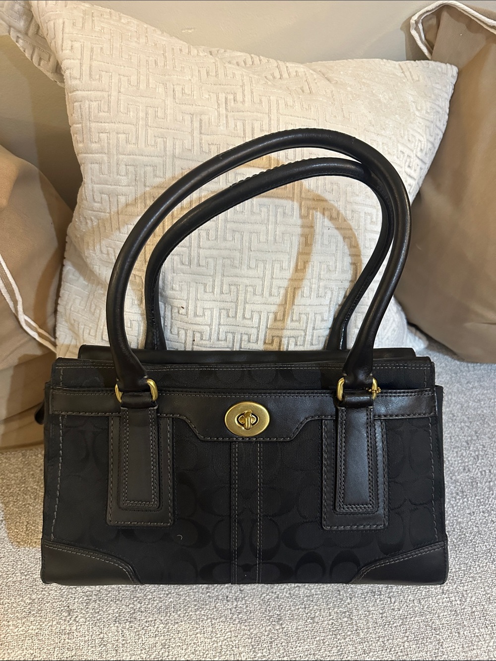 Coach Black Signature Shoulder Tote with Gold-Tone Turnlock